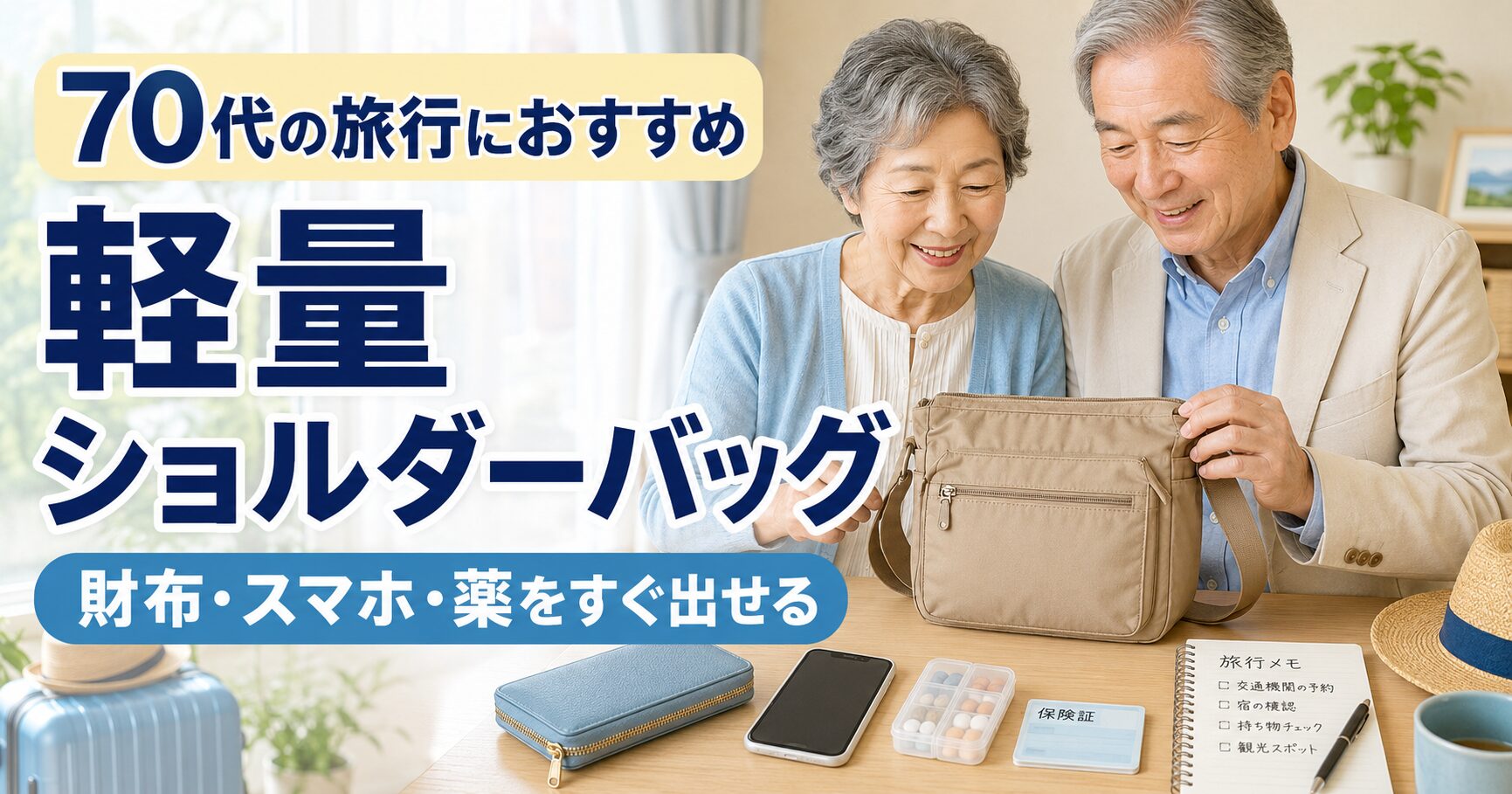 70代の旅行におすすめの軽量ショルダーバッグの選び方を紹介するアイキャッチ画像