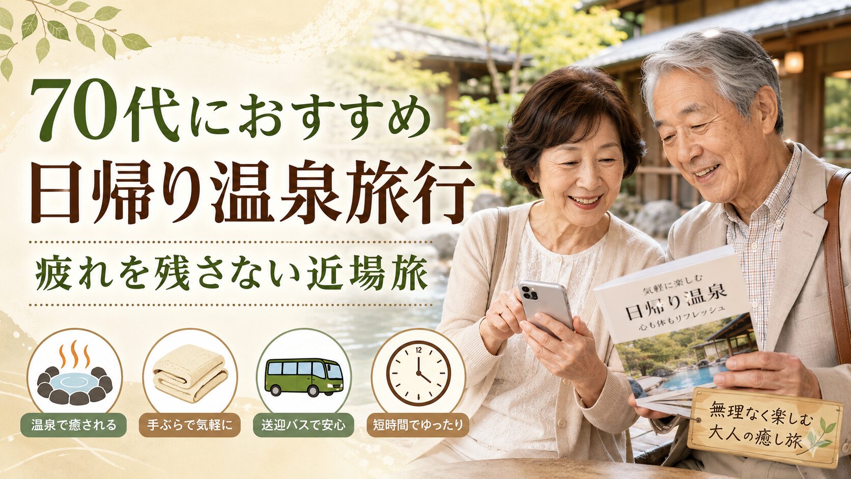 70代におすすめの日帰り温泉旅行の作り方を紹介するアイキャッチ画像