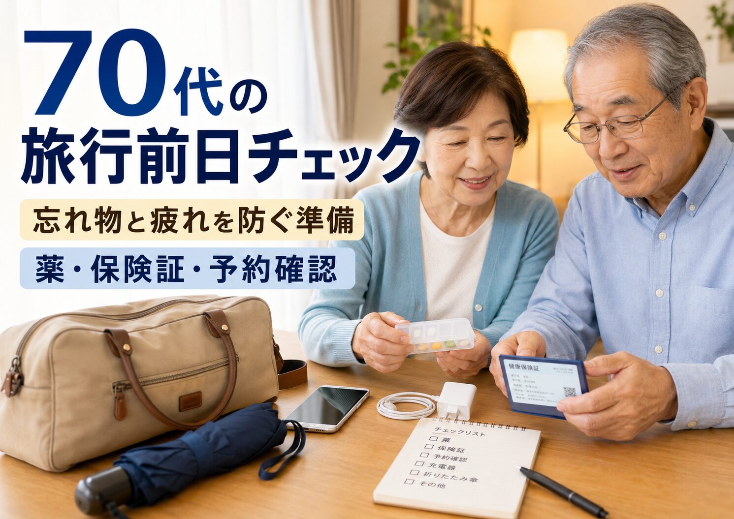 70代の旅行前日に確認する持ち物と忘れ物防止チェックリストを紹介するアイキャッチ画像