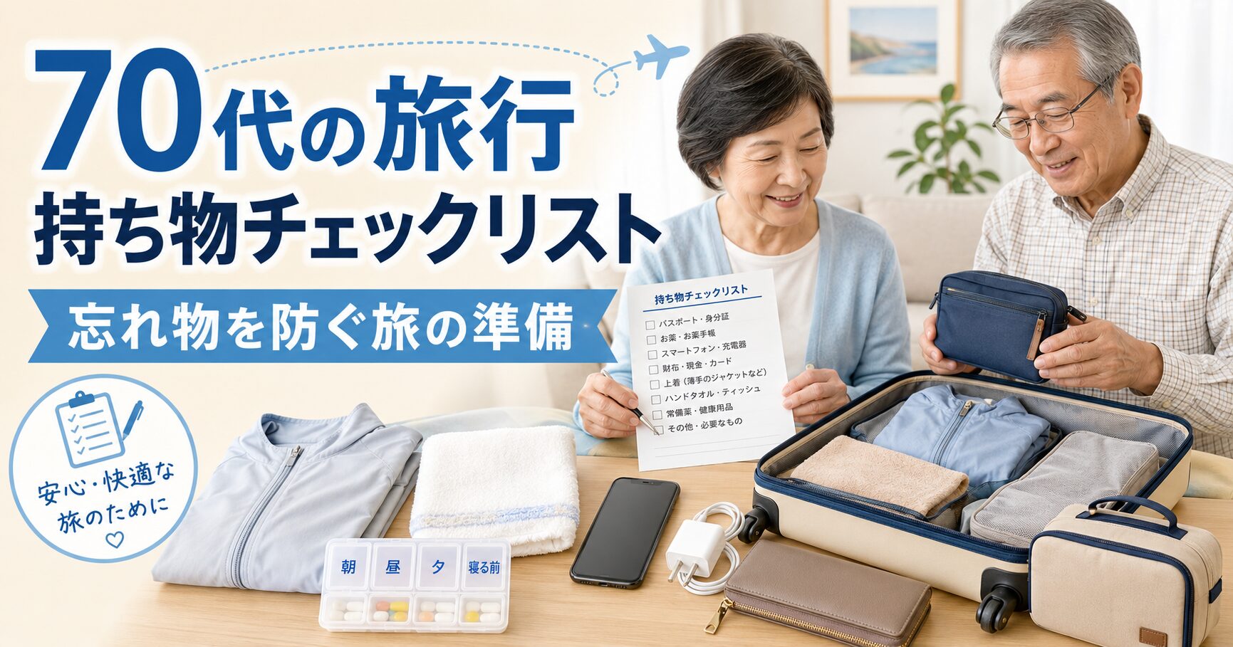 70代の旅行持ち物チェックリストを紹介するアイキャッチ画像