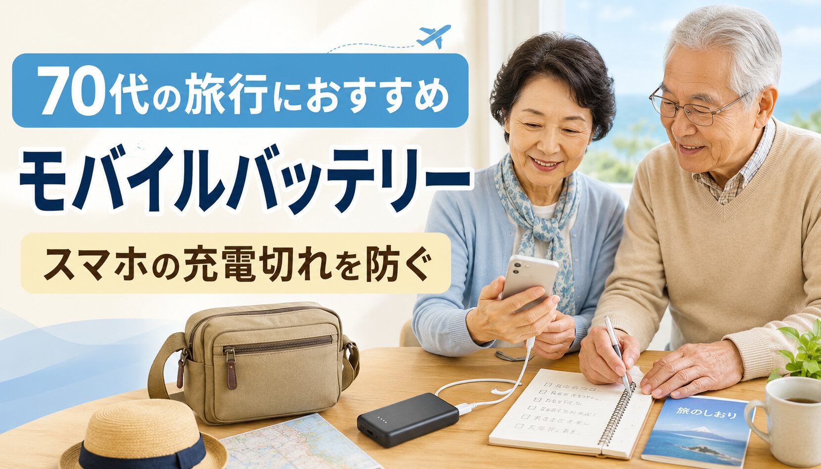 代替テキスト： 70代の旅行におすすめのモバイルバッテリーの選び方を紹介するアイキャッチ画像