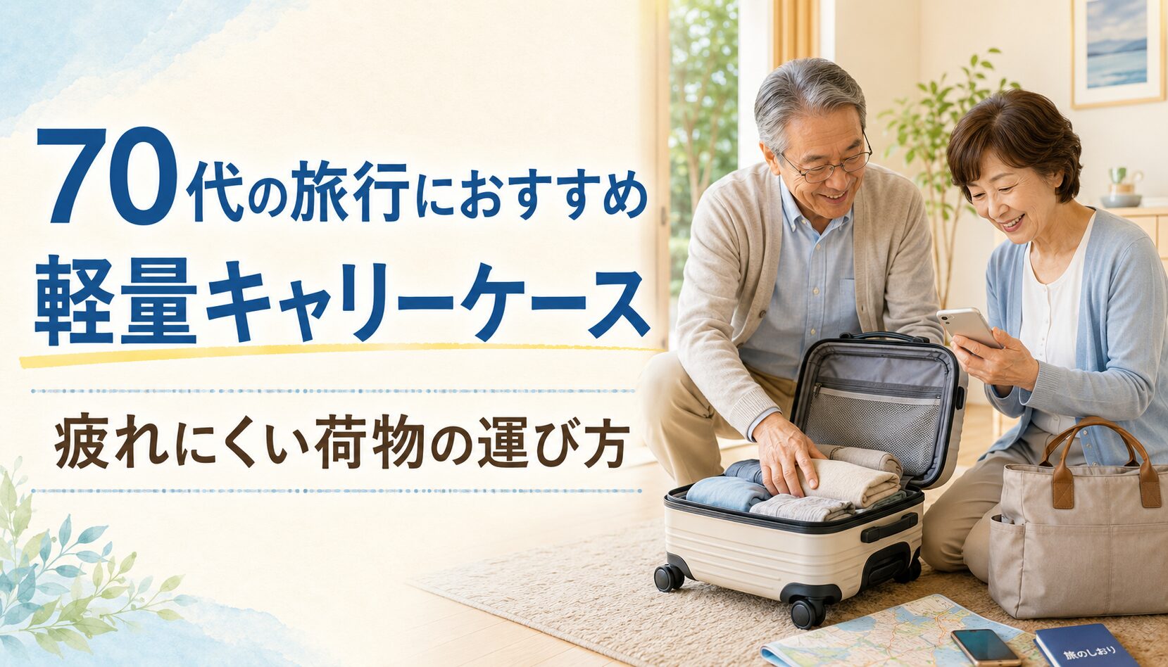 70代の旅行におすすめの軽量キャリーケースの選び方を紹介するアイキャッチ画像
