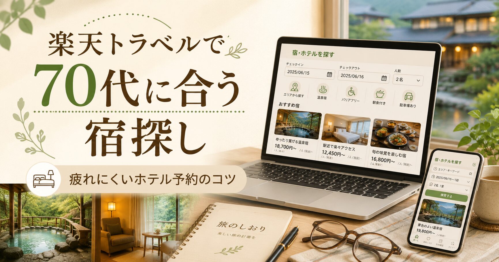 楽天トラベルで70代に合う宿を探す方法を紹介するアイキャッチ画像