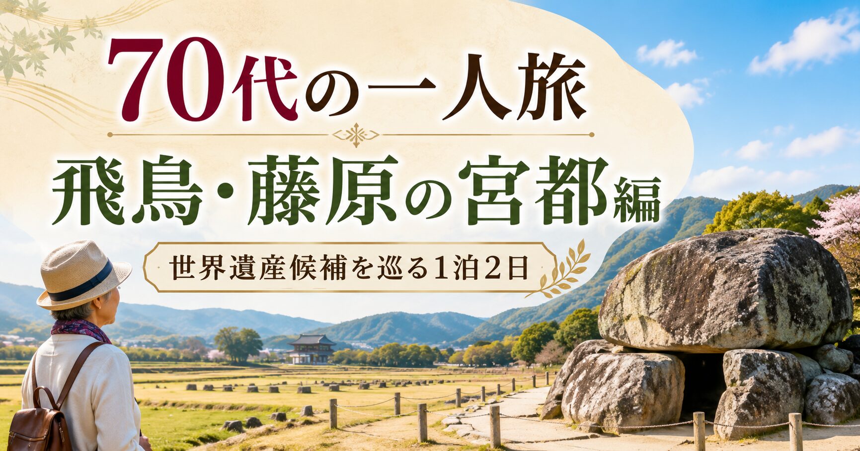 70代の一人旅で飛鳥・藤原の宮都の世界遺産候補を無理なく巡る1泊2日モデルコースのアイキャッチ画像