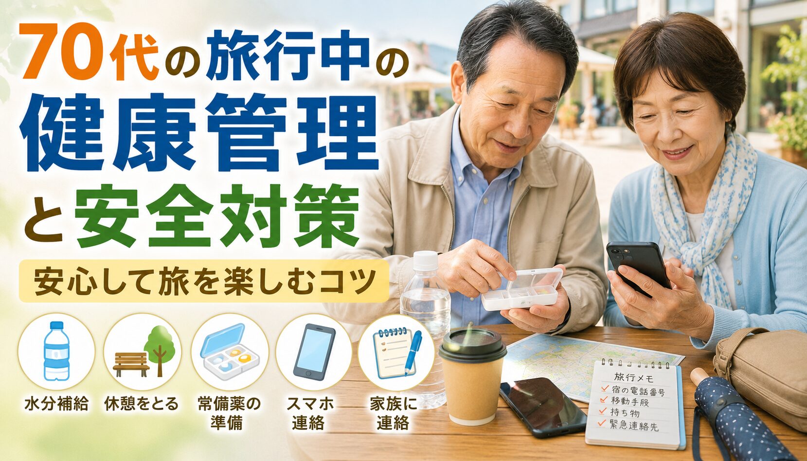 altテキスト： 70代の旅行中に気をつけたい健康管理と安全対策を紹介するアイキャッチ画像