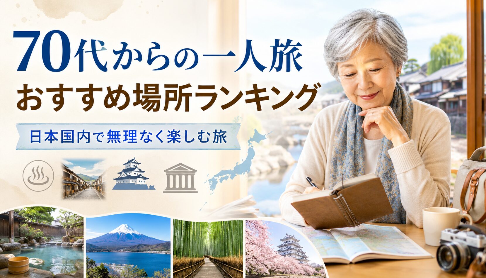 70代からの一人旅におすすめの日本国内の旅先ランキングを紹介するアイキャッチ画像